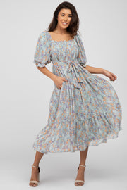 Light Blue Floral Chiffon Smocked Square Neck Midi Dress