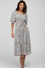 Light Blue Floral Chiffon Smocked Square Neck Midi Dress