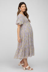 Lavender Floral Chiffon Smocked Square Neck Maternity Midi Dress