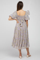 Lavender Floral Chiffon Smocked Square Neck Maternity Midi Dress