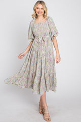 Cream Floral Chiffon Smocked Square Neck Midi Dress