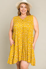 Mustard Floral Sleeveless Button Down Plus Dress