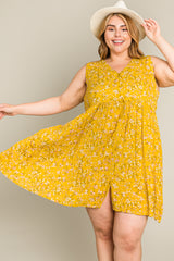 Mustard Floral Sleeveless Button Down Plus Dress