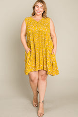 Mustard Floral Sleeveless Button Down Plus Dress