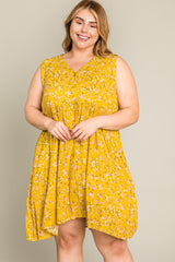 Mustard Floral Sleeveless Button Down Plus Dress