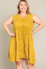 Mustard Floral Sleeveless Button Down Plus Dress