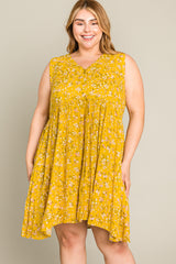 Mustard Floral Sleeveless Button Down Plus Dress