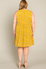 Mustard Floral Sleeveless Button Down Plus Dress