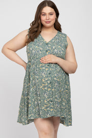 Light Olive Floral Sleeveless Button Down Plus Maternity Dress