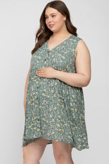 Light Olive Floral Sleeveless Button Down Plus Maternity Dress