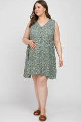 Light Olive Floral Sleeveless Button Down Plus Maternity Dress