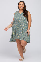 Light Olive Floral Sleeveless Button Down Plus Maternity Dress