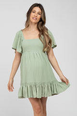 Light Olive Smocked Tie Back Ruffle Maternity Dress