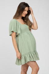 Light Olive Smocked Tie Back Ruffle Maternity Dress