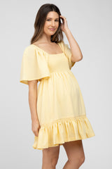 Yellow Smocked Tie Back Ruffle Maternity Dress