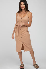 Beige Ribbed Sash Tie Midi Dress