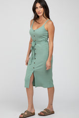 Light Olive Ribbed Sash Tie Midi Dress