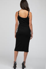 Black Ribbed Sash Tie Midi Dress