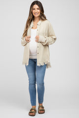 Beige Distressed Hi-Low Button Up Maternity Top