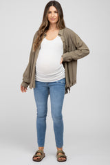 Olive Distressed Hi-Low Button Up Maternity Top