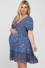 Blue Floral Striped Ruffle Accent Maternity Dress