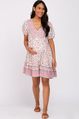 Pink Floral Striped Ruffle Accent Maternity Dress