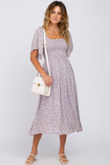 Lavender Floral Smocked Maternity Midi Dress