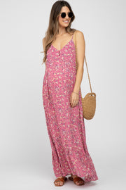 Pink Floral Sleeveless Ruffle Hem Maternity Maxi Dress