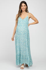 Light Blue Floral Sleeveless Ruffle Hem Maternity Maxi Dress