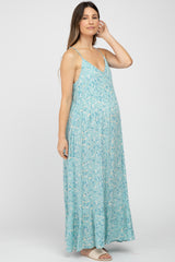 Light Blue Floral Sleeveless Ruffle Hem Maternity Maxi Dress