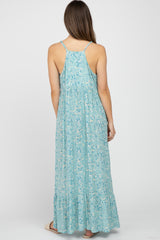 Light Blue Floral Sleeveless Ruffle Hem Maternity Maxi Dress