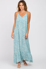 Light Blue Floral Sleeveless Ruffle Hem Maternity Maxi Dress