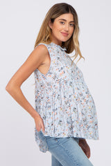 Light Blue Floral Sleeveless Babydoll Maternity Top