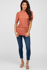 Rust Floral Ruched Ribbed Top