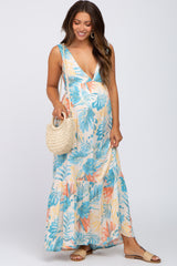 Multicolor Leaf Print Sleeveless Maternity Maxi Dress