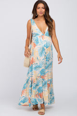 Multicolor Leaf Print Sleeveless Maternity Maxi Dress