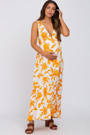 Orange Leaf Print Sleeveless Maternity Maxi Dress