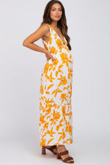 Orange Leaf Print Sleeveless Maternity Maxi Dress