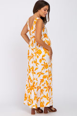 Orange Leaf Print Sleeveless Maternity Maxi Dress