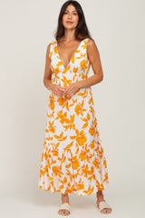 Orange Leaf Print Sleeveless Maternity Maxi Dress