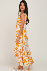 Orange Leaf Print Sleeveless Maxi Dress