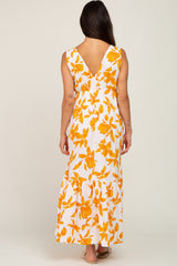 Orange Leaf Print Sleeveless Maxi Dress