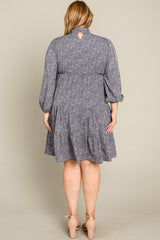 Blue Floral Shirred Mock Neck Plus Dress