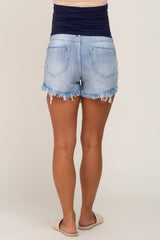 Light Blue Distressed Hem Maternity Jean Shorts