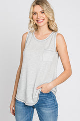 Grey Striped Pocket Front Sleeveless Top