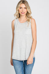 Grey Striped Pocket Front Sleeveless Top