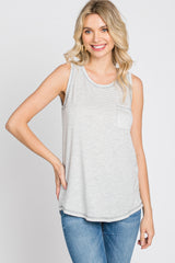 Grey Striped Pocket Front Sleeveless Top