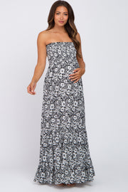 Black Floral Strapless Smocked Maternity Maxi Dress