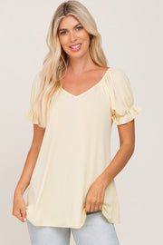 Yellow Ruffle Sleeve Ribbed Top