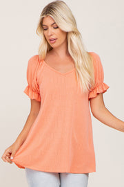 Coral Ruffle Sleeve Ribbed Top